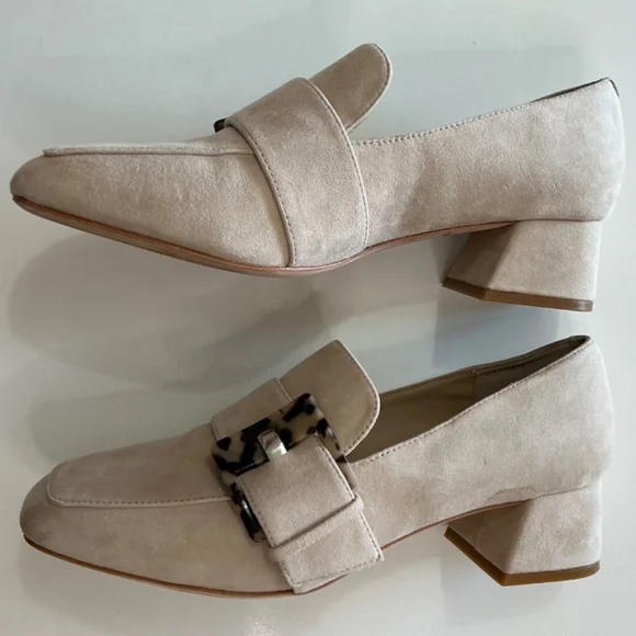 Deltan Veronica Suede Tortoise Buckle Flared Block spring heel pumps 9M - Picture 11 of 13